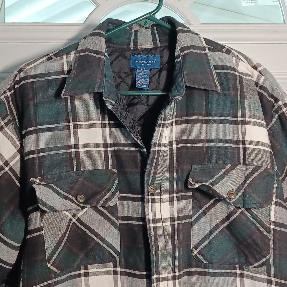 Towncraft Mens Green Plaid Quilted Lined Flannel Shirt Jacket Size L RN 93677